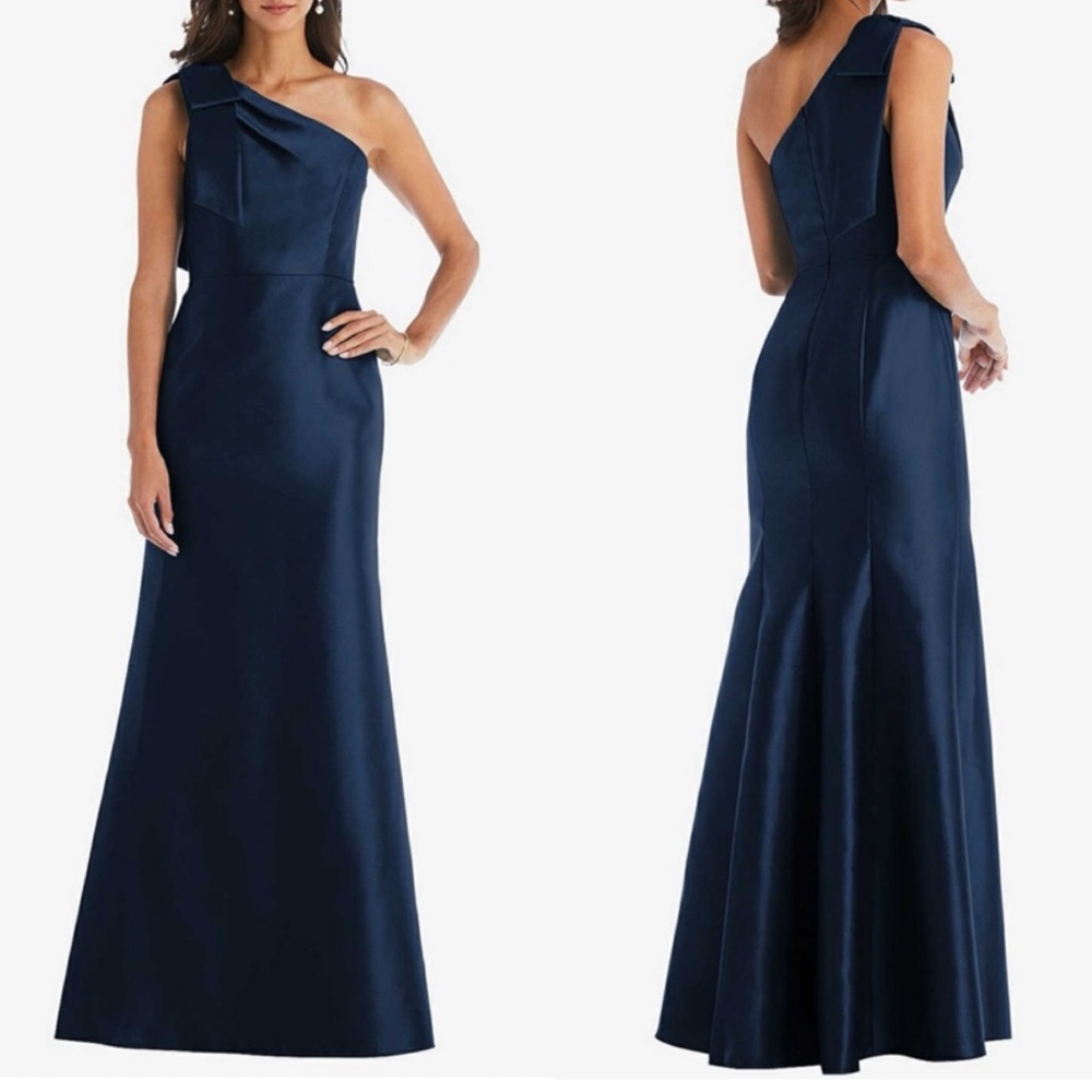 ALFRED SUNG D794 SATIN TWILL SHINE Dress Gown NEW Midnight Blue